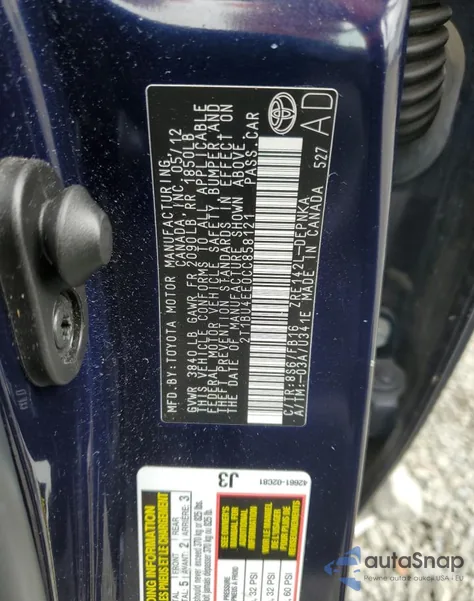 2012 Toyota Corolla Base from USA, damaged, VIN 2T1BU4EE0CC858121